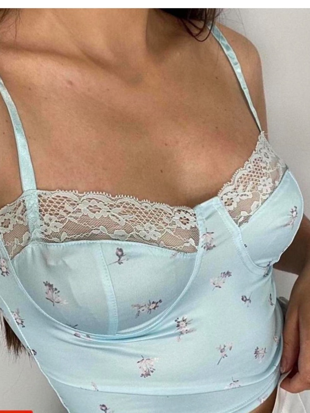 Light Blue Floral Lace Trim Cropped Cami Top 2/$30